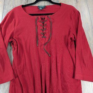Lauren Ralph Lauren Top Womens Large Red 3/4 Sleeve Ribbed Lace Up Y2K BOHO
